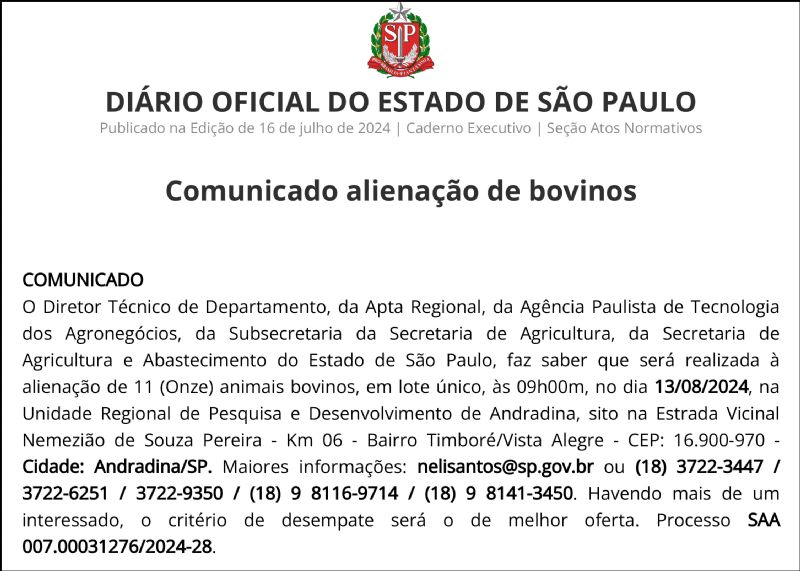 Comunicado alienação de bovinos - Apta Regional - SAA 007.00031276/2024-28 -  