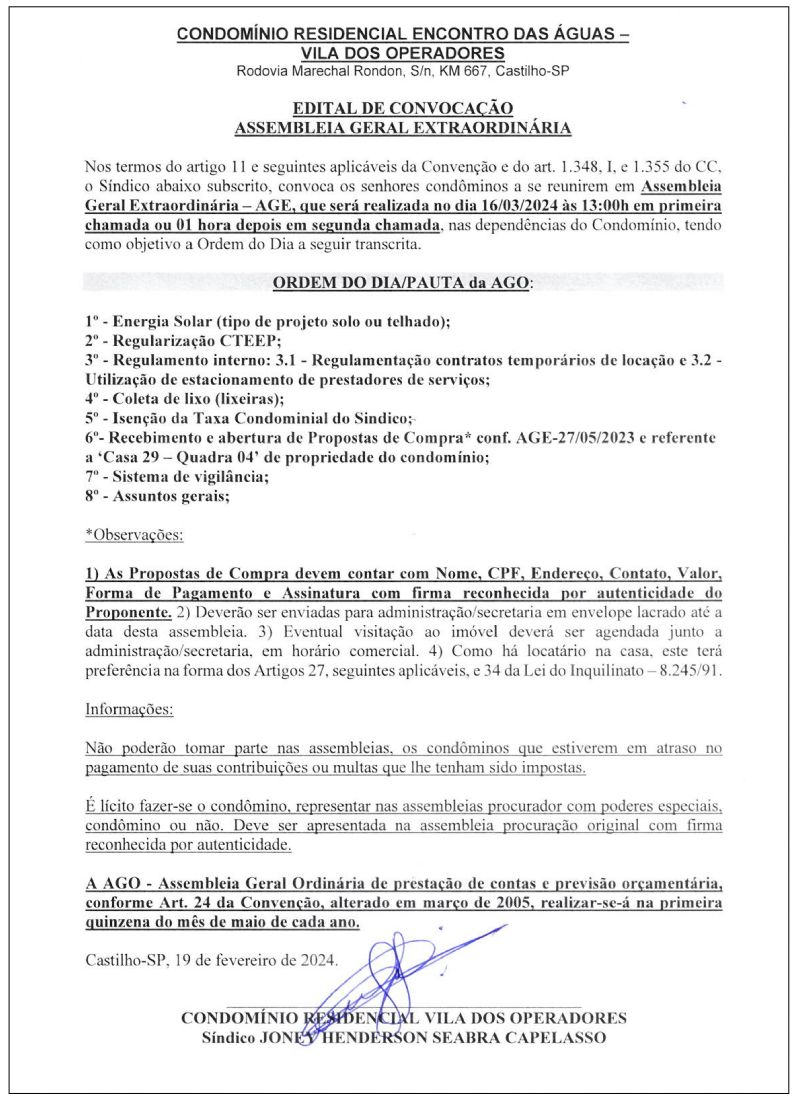 Edital  Assembleia Geral Condômino  Encontro das Águas Vila dos Operadores - Edital