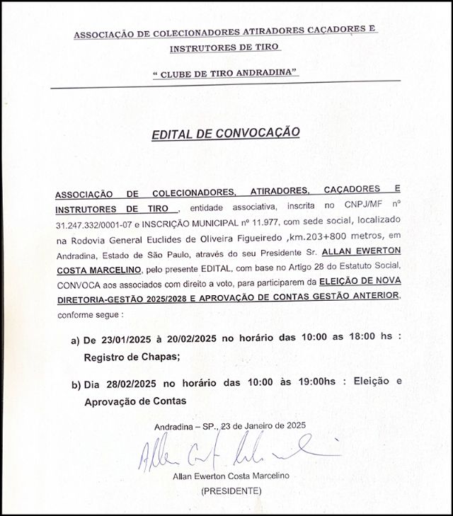 EDITAL DE CONVOCAÇÃO - ASSOCIAÇÃO DE COLECIONADORES ATIRADORES CAÇADORES E INSTRUTORES DE TIRO 'CLUBE DE TIRO ANDRADINA' -  