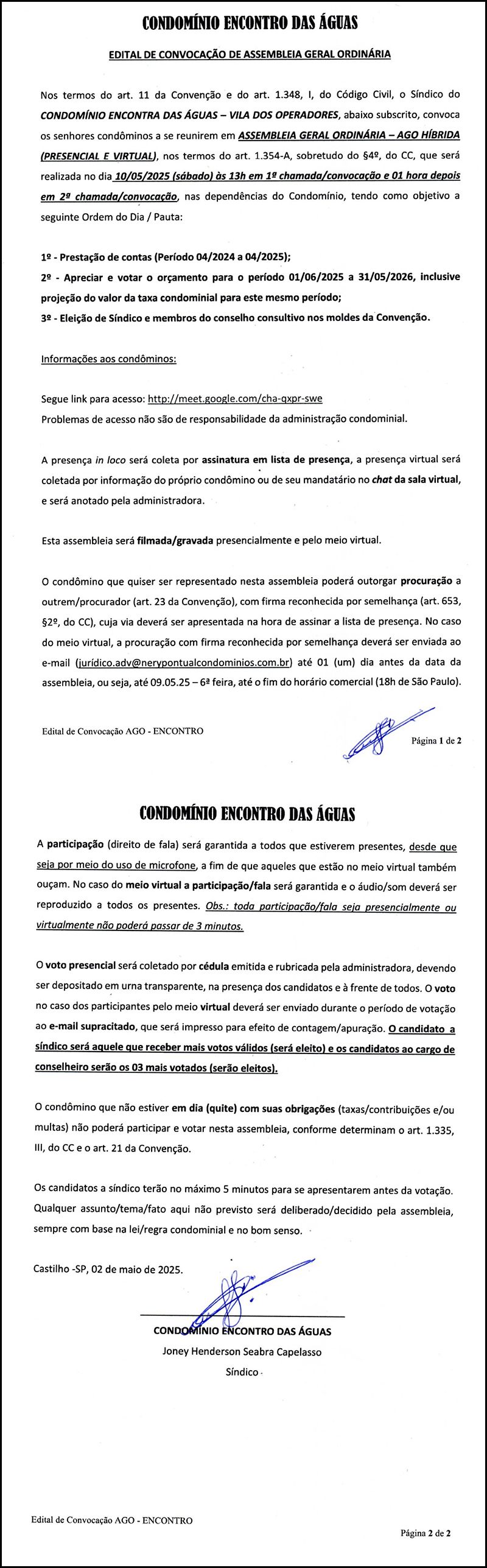 Edital de Convocação Assembleia Geral Condômino Encontro das Águas - Edital de Convocação Assembleia Geral Condômino Encontro das Águas