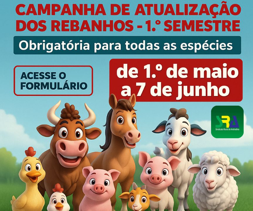 Sindicato Rural de Andradina orienta produtores a atualizarem seus rebanhos até 7 de junho - Para mais informações ou auxílio no preenchimento, os produtores podem procurar o Sindicato Rural de Andradina ou a unidade local da Defesa Agropecuária