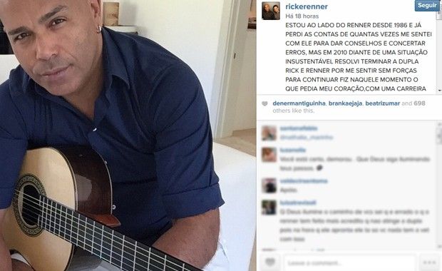 Rick anuncia fim da dupla com Renner: "Não tenho tempo para castelos de areia" - Foto: DivulgaçãoRick anuncia fim da dupla com Renner em mensagem no perfil do Instagram oficial (Foto: Reprodução / Instagram)