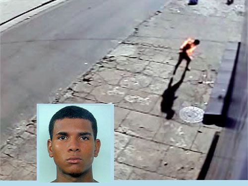 Suspeito de atear fogo em moradores de rua é transferido de Andradina para P. Barreto - Momento em que uma das vítimas corre com corpo em chamas; no destaque, acusado do crime. Foto: Reprodução/Folha da Região de Araçatuba