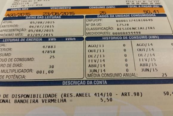 Aneel reajusta bandeira vermelha; taxa extra na conta de luz pode subir 43% - Conta de luz com indicão de bandeira vermelhaArquivo/Agência Brasil