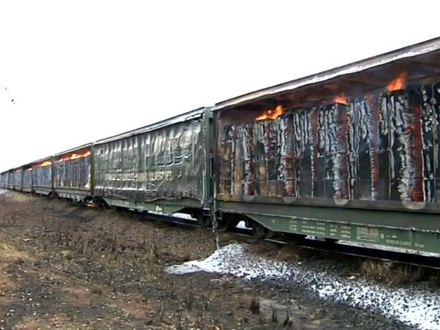 Incêndio atinge 37 vagões de um trem entre Lavínia e Valparaíso - Incêndio começou porque veículo passava por canavial em chamas (Foto: Reprodução / TV TEM)