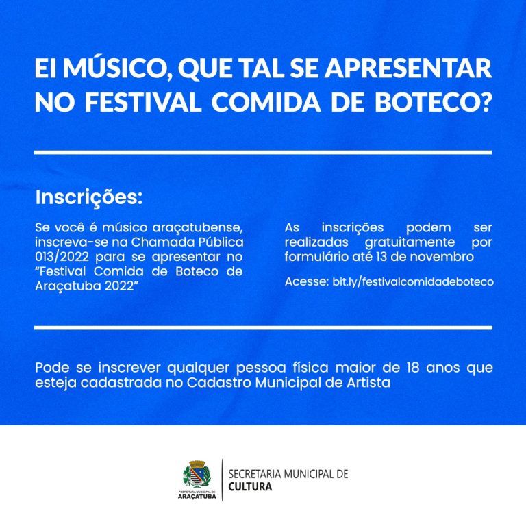 Cultura abre inscrições para shows musicais no Comida de Boteco em Araçatuba - Foto: Divulgação